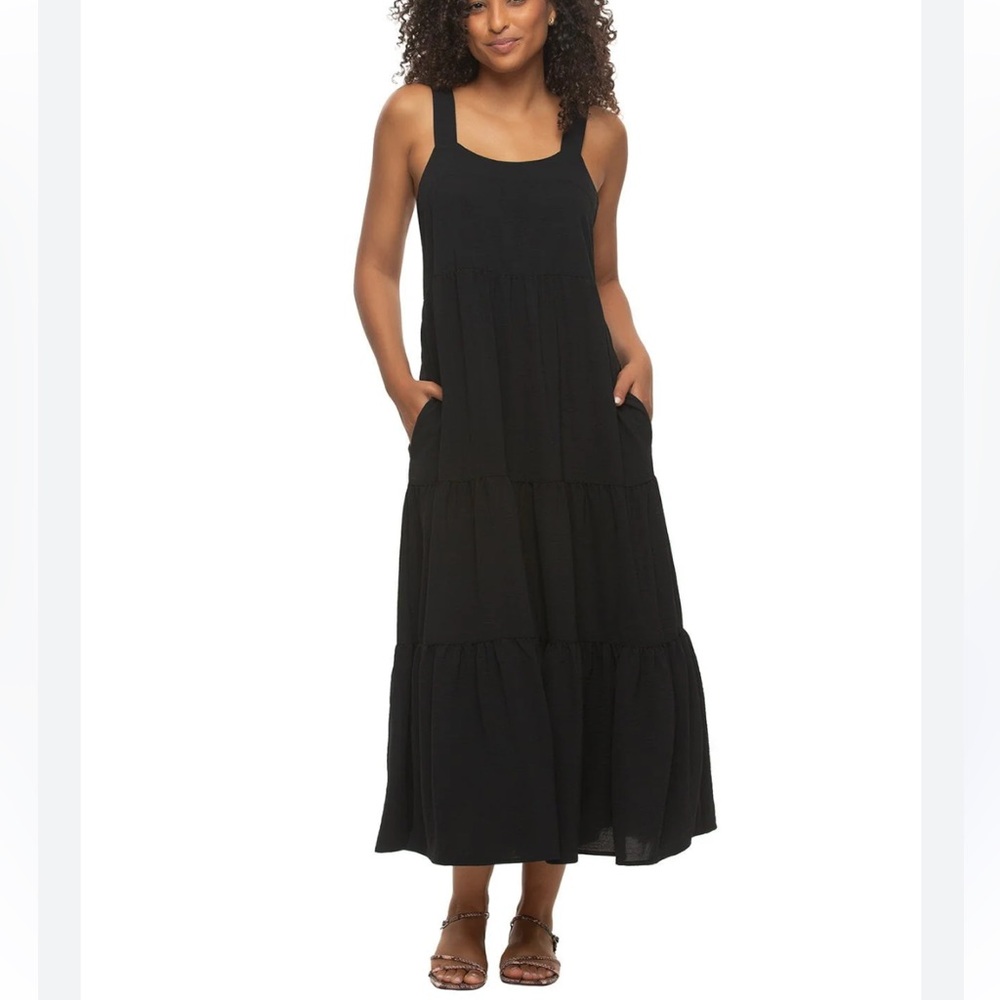 Felina Cruise Tiered Maxi Sundress Side Pockets, Black, Size Large NWT